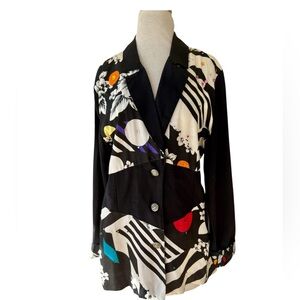 Vtg JKLA Black Colorful Floral Beaded Rhinestone Blazer Sz L Pop Art To Wear 90s